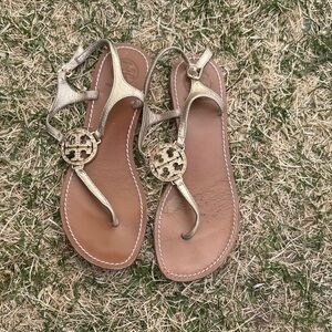 Tory Burch Metallic Gold Logo T-Strap Sandals